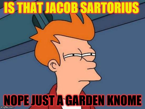 Futurama Fry | IS THAT JACOB SARTORIUS; NOPE JUST A GARDEN KNOME | image tagged in memes,futurama fry | made w/ Imgflip meme maker