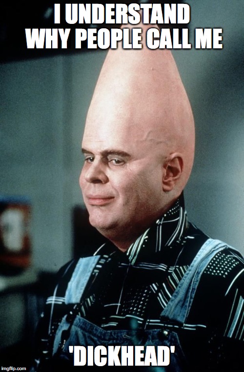 I UNDERSTAND WHY PEOPLE CALL ME; 'DICKHEAD' | image tagged in conehead | made w/ Imgflip meme maker