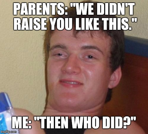 10 Guy Meme | PARENTS: "WE DIDN'T RAISE YOU LIKE THIS."; ME: "THEN WHO DID?" | image tagged in memes,10 guy,funny | made w/ Imgflip meme maker