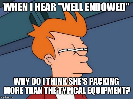 Futurama Fry Meme | WHEN I HEAR "WELL ENDOWED" WHY DO I THINK SHE'S PACKING MORE THAN THE TYPICAL EQUIPMENT? | image tagged in memes,futurama fry | made w/ Imgflip meme maker