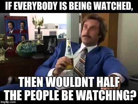 Well That Escalated Quickly | IF EVERYBODY IS BEING WATCHED, THEN WOULDNT HALF THE PEOPLE BE WATCHING? | image tagged in memes,well that escalated quickly | made w/ Imgflip meme maker