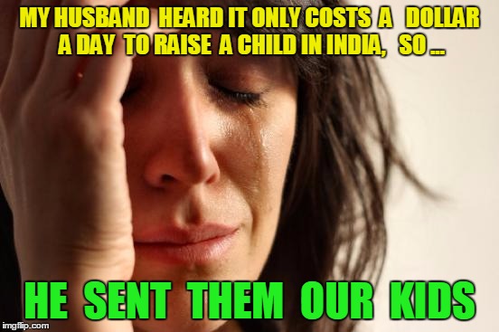 I'm gonna miss those 4 footers | MY HUSBAND  HEARD IT ONLY COSTS  A 
 DOLLAR A DAY  TO RAISE  A CHILD IN INDIA, 
 SO ... HE  SENT  THEM  OUR  KIDS | image tagged in memes,first world problems,india | made w/ Imgflip meme maker