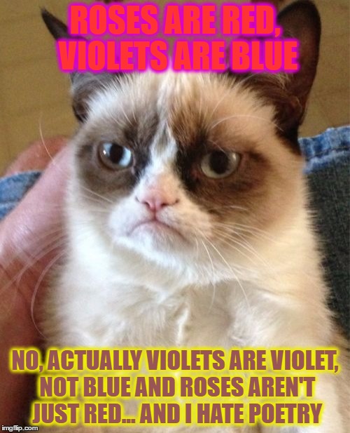Grumpy Cat | ROSES ARE RED, VIOLETS ARE BLUE; NO, ACTUALLY VIOLETS ARE VIOLET, NOT BLUE AND ROSES AREN'T JUST RED... AND I HATE POETRY | image tagged in memes,grumpy cat | made w/ Imgflip meme maker