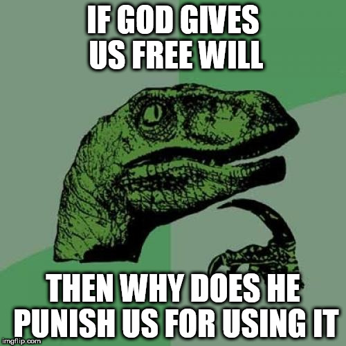 Philosoraptor | IF GOD GIVES US FREE WILL; THEN WHY DOES HE PUNISH US FOR USING IT | image tagged in memes,philosoraptor,god,free will,punishment,hell | made w/ Imgflip meme maker