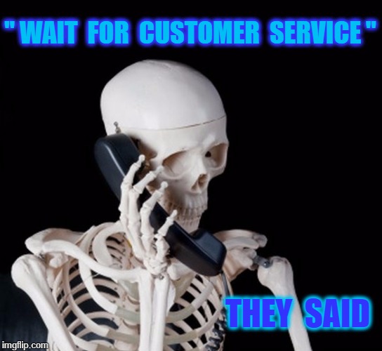 Skeleton on phone | " WAIT  FOR  CUSTOMER  SERVICE "; THEY  SAID | image tagged in skeleton on phone | made w/ Imgflip meme maker