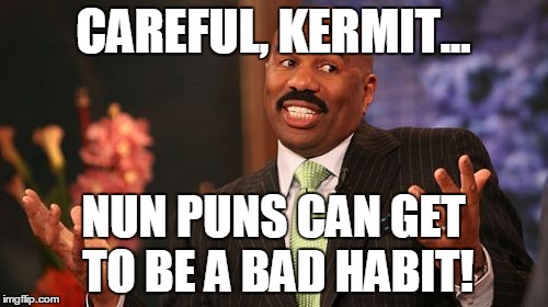 Steve Harvey Meme | CAREFUL, KERMIT... NUN PUNS CAN GET TO BE A BAD HABIT! | image tagged in memes,steve harvey | made w/ Imgflip meme maker