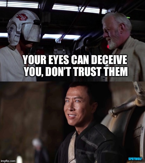 There are somethings' I can still see | YOUR EYES CAN DECEIVE YOU, DON’T TRUST THEM; SPRYWOLF | image tagged in star wars,obi wan kenobi,luke skywalker,star wars meme,star wars rogue one chirrut mwe donny yen,rogue one | made w/ Imgflip meme maker
