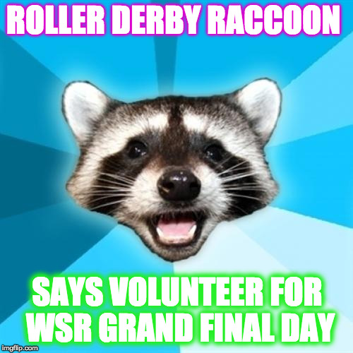 Lame Pun Coon Meme | ROLLER DERBY RACCOON; SAYS VOLUNTEER FOR WSR GRAND FINAL DAY | image tagged in memes,lame pun coon | made w/ Imgflip meme maker