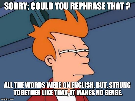 Futurama Fry Meme | SORRY; COULD YOU REPHRASE THAT ? ALL THE WORDS WERE ON ENGLISH, BUT, STRUNG TOGETHER LIKE THAT, IT MAKES NO SENSE. | image tagged in memes,futurama fry | made w/ Imgflip meme maker