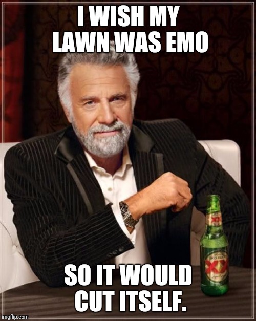 The Most Interesting Man In The World Meme | I WISH MY LAWN WAS EMO SO IT WOULD CUT ITSELF. | image tagged in memes,the most interesting man in the world | made w/ Imgflip meme maker