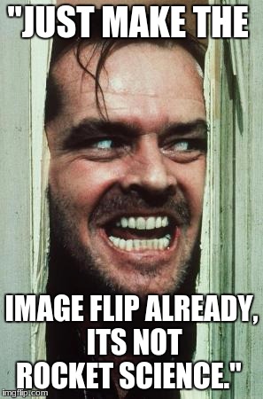 Here's Johnny | "JUST MAKE THE; IMAGE FLIP ALREADY, ITS NOT ROCKET SCIENCE." | image tagged in memes,heres johnny | made w/ Imgflip meme maker
