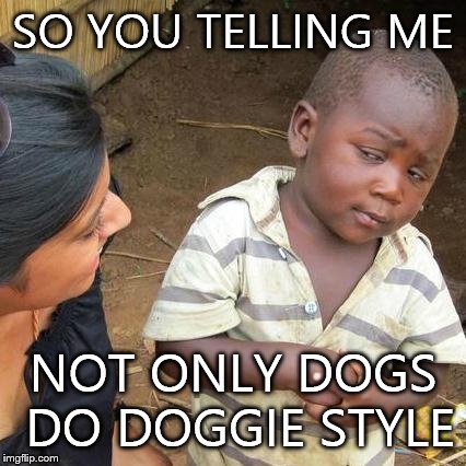 Third World Skeptical Kid | SO YOU TELLING ME; NOT ONLY DOGS DO DOGGIE STYLE | image tagged in memes,third world skeptical kid | made w/ Imgflip meme maker