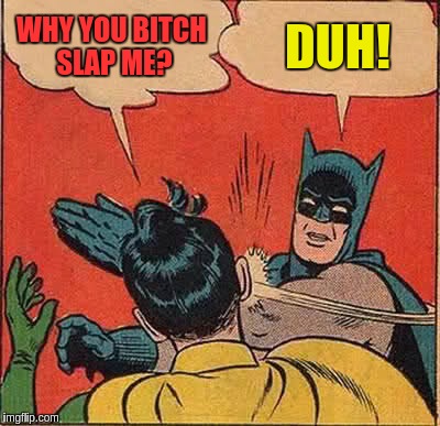 Batman Slapping Robin Meme | WHY YOU B**CH SLAP ME? DUH! | image tagged in memes,batman slapping robin | made w/ Imgflip meme maker