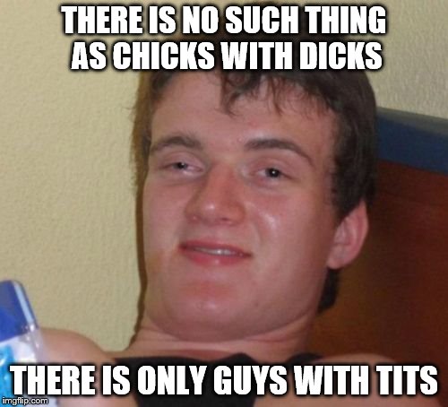 10 Guy Meme | THERE IS NO SUCH THING AS CHICKS WITH DICKS; THERE IS ONLY GUYS WITH TITS | image tagged in memes,10 guy | made w/ Imgflip meme maker