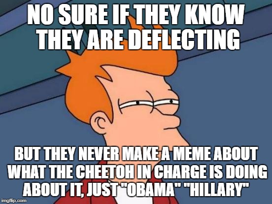 Futurama Fry Meme | NO SURE IF THEY KNOW THEY ARE DEFLECTING BUT THEY NEVER MAKE A MEME ABOUT WHAT THE CHEETOH IN CHARGE IS DOING ABOUT IT, JUST "OBAMA" "HILLAR | image tagged in memes,futurama fry | made w/ Imgflip meme maker