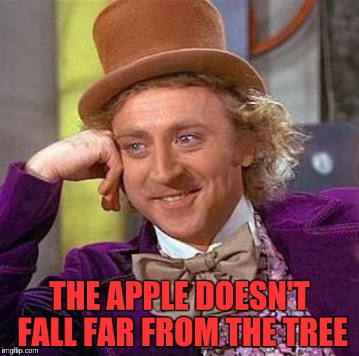 Creepy Condescending Wonka Meme | THE APPLE DOESN'T FALL FAR FROM THE TREE | image tagged in memes,creepy condescending wonka | made w/ Imgflip meme maker