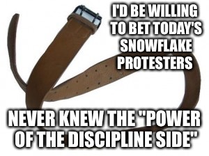 Belt | I'D BE WILLING TO BET TODAY'S SNOWFLAKE PROTESTERS; NEVER KNEW THE "POWER OF THE DISCIPLINE SIDE" | image tagged in belt | made w/ Imgflip meme maker