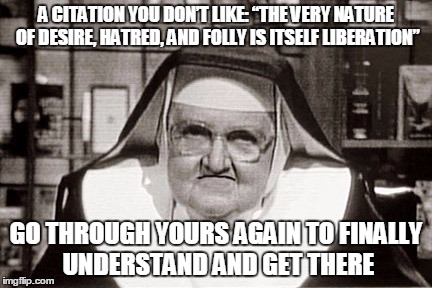 Frowning Nun | A CITATION YOU DON’T LIKE: “THE VERY NATURE OF DESIRE, HATRED, AND FOLLY IS ITSELF LIBERATION”; GO THROUGH YOURS AGAIN TO FINALLY UNDERSTAND AND GET THERE | image tagged in memes,frowning nun | made w/ Imgflip meme maker