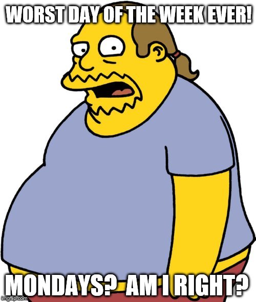 Comic Book Guy hates Mondays |  WORST DAY OF THE WEEK EVER! MONDAYS?  AM I RIGHT? | image tagged in memes,comic book guy,mondays | made w/ Imgflip meme maker