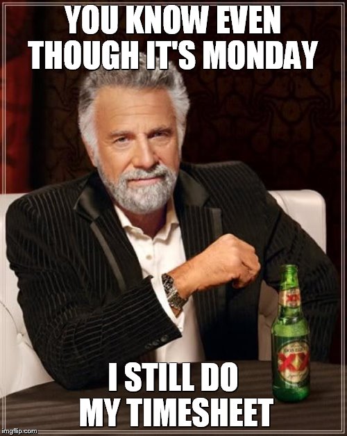 The Most Interesting Man In The World Meme | YOU KNOW EVEN THOUGH IT'S MONDAY; I STILL DO MY TIMESHEET | image tagged in memes,the most interesting man in the world | made w/ Imgflip meme maker