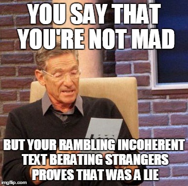 Maury Lie Detector Meme | YOU SAY THAT YOU'RE NOT MAD; BUT YOUR RAMBLING INCOHERENT TEXT BERATING STRANGERS PROVES THAT WAS A LIE | image tagged in memes,maury lie detector | made w/ Imgflip meme maker