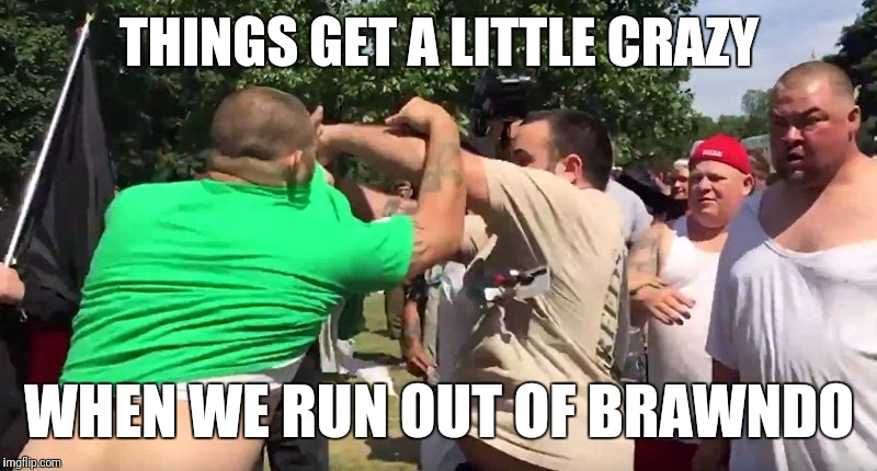 THINGS GET A LITTLE CRAZY; WHEN WE RUN OUT OF BRAWNDO | image tagged in murican throwdown,murica,trump | made w/ Imgflip meme maker