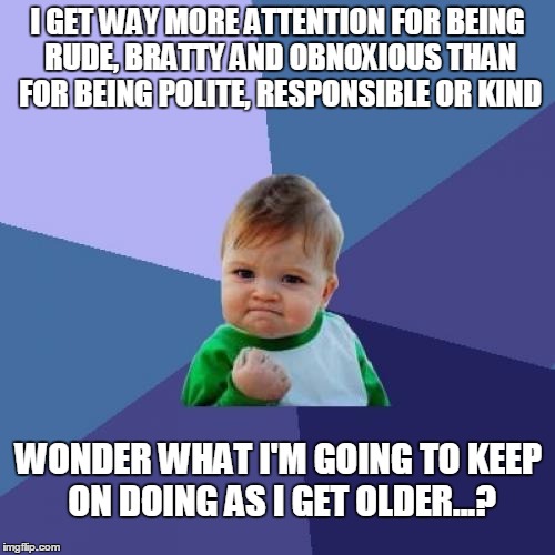 Hoomans are so mysterious...not | I GET WAY MORE ATTENTION FOR BEING RUDE, BRATTY AND OBNOXIOUS THAN FOR BEING POLITE, RESPONSIBLE OR KIND; WONDER WHAT I'M GOING TO KEEP ON DOING AS I GET OLDER...? | image tagged in memes,success kid | made w/ Imgflip meme maker