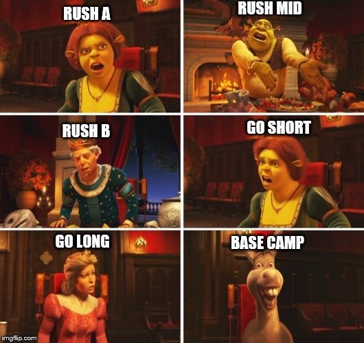 Shrek Fiona Harold Donkey | RUSH MID; RUSH A; GO SHORT; RUSH B; GO LONG; BASE CAMP | image tagged in shrek fiona harold donkey | made w/ Imgflip meme maker