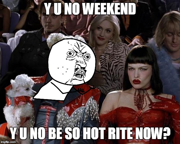 Mugatu So Hot Right Now Meme | Y U NO WEEKEND Y U NO BE SO HOT RITE NOW? | image tagged in memes,mugatu so hot right now | made w/ Imgflip meme maker