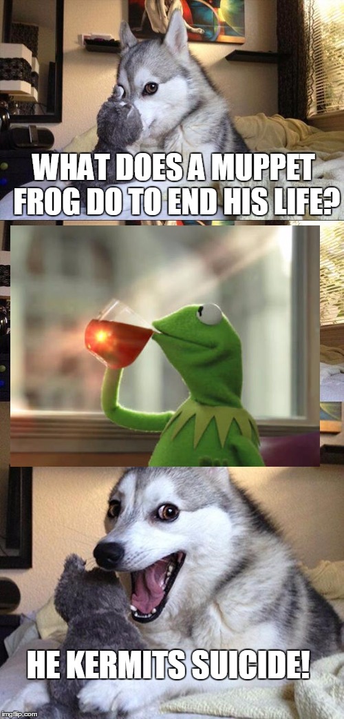 Kermitted to Imgflip | WHAT DOES A MUPPET FROG DO TO END HIS LIFE? HE KERMITS SUICIDE! | image tagged in memes,bad pun dog,but thats none of my business | made w/ Imgflip meme maker
