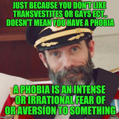 Some people need clarification  | JUST BECAUSE YOU DON'T LIKE TRANSVESTITES OR GAYS ECT.. DOESN'T MEAN YOU HAVE A PHOBIA; A PHOBIA IS AN INTENSE OR IRRATIONAL FEAR OF OR AVERSION TO SOMETHING | image tagged in captain obvious,memes | made w/ Imgflip meme maker