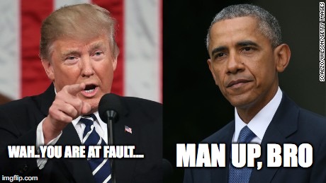 Trump vs Obama | MAN UP, BRO; WAH..YOU ARE AT FAULT.... | image tagged in man up | made w/ Imgflip meme maker