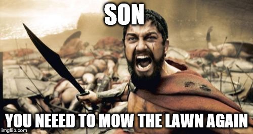 Sparta Leonidas | SON; YOU NEEED TO MOW THE LAWN AGAIN | image tagged in memes,sparta leonidas | made w/ Imgflip meme maker