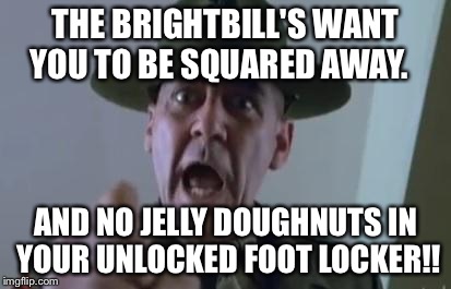 Full metal jacket | THE BRIGHTBILL'S WANT YOU TO BE SQUARED AWAY. AND NO JELLY DOUGHNUTS IN YOUR UNLOCKED FOOT LOCKER!! | image tagged in full metal jacket | made w/ Imgflip meme maker