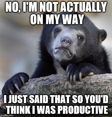 Confession Bear Meme | NO, I'M NOT ACTUALLY ON MY WAY; I JUST SAID THAT SO YOU'D THINK I WAS PRODUCTIVE | image tagged in memes,confession bear | made w/ Imgflip meme maker