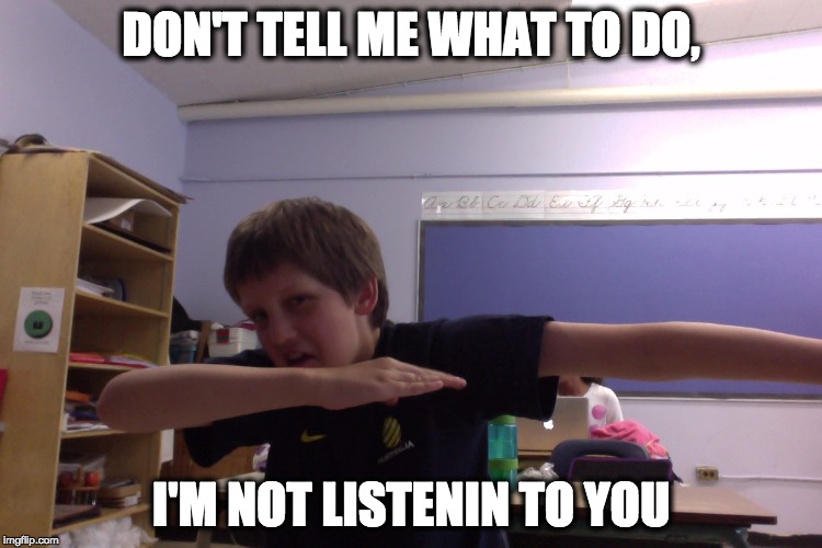 Pro Guy | DON'T TELL ME WHAT TO DO, I'M NOT LISTENIN TO YOU | image tagged in pro guy | made w/ Imgflip meme maker