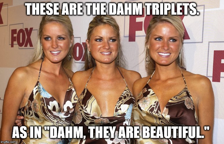 Easy steal from an article | THESE ARE THE DAHM TRIPLETS. AS IN "DAHM, THEY ARE BEAUTIFUL." | image tagged in trippy | made w/ Imgflip meme maker