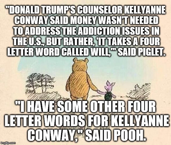 Pooh and Piglet | "DONALD TRUMP'S COUNSELOR KELLYANNE CONWAY SAID MONEY WASN'T NEEDED TO ADDRESS THE ADDICTION ISSUES IN THE U.S., BUT RATHER, 'IT TAKES A FOUR LETTER WORD CALLED WILL,''' SAID PIGLET. "I HAVE SOME OTHER FOUR LETTER WORDS FOR KELLYANNE CONWAY," SAID POOH. | image tagged in pooh and piglet | made w/ Imgflip meme maker