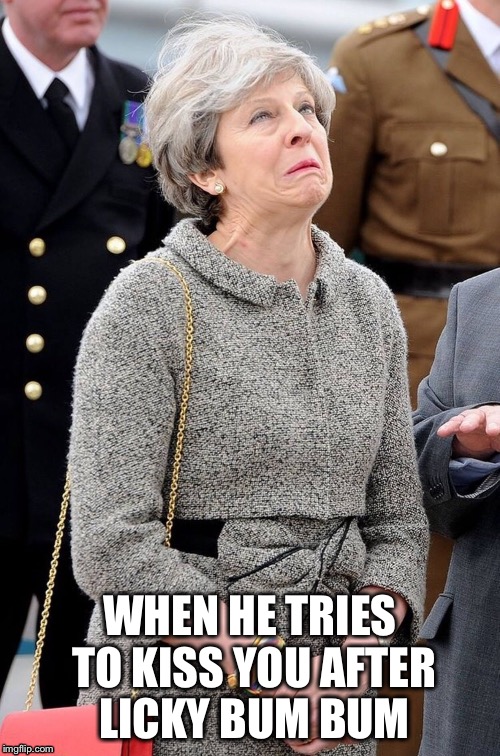 Licky bum bum | WHEN HE TRIES TO KISS YOU AFTER LICKY BUM BUM | image tagged in theresa may,licky bum bum,conservatives,tory | made w/ Imgflip meme maker