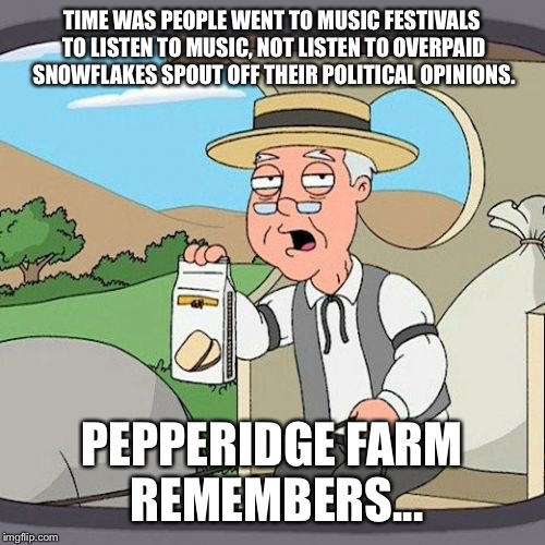 Glastonbury Music Festival | TIME WAS PEOPLE WENT TO MUSIC FESTIVALS TO LISTEN TO MUSIC, NOT LISTEN TO OVERPAID SNOWFLAKES SPOUT OFF THEIR POLITICAL OPINIONS. PEPPERIDGE FARM REMEMBERS... | image tagged in memes,pepperidge farm remembers | made w/ Imgflip meme maker