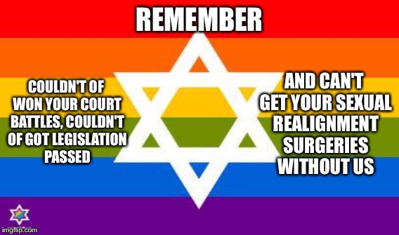 Jewish LGBT | REMEMBER; AND CAN'T GET YOUR SEXUAL REALIGNMENT SURGERIES WITHOUT US; COULDN'T OF WON YOUR COURT BATTLES, COULDN'T OF GOT LEGISLATION PASSED | image tagged in lgbt,gay pride,equality,jews | made w/ Imgflip meme maker