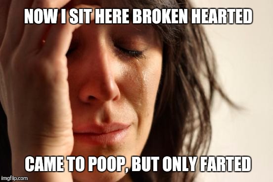 A late Limerick Week submission  | NOW I SIT HERE BROKEN HEARTED; CAME TO POOP, BUT ONLY FARTED | image tagged in memes,first world problems,limerick week,jbmemegeek | made w/ Imgflip meme maker
