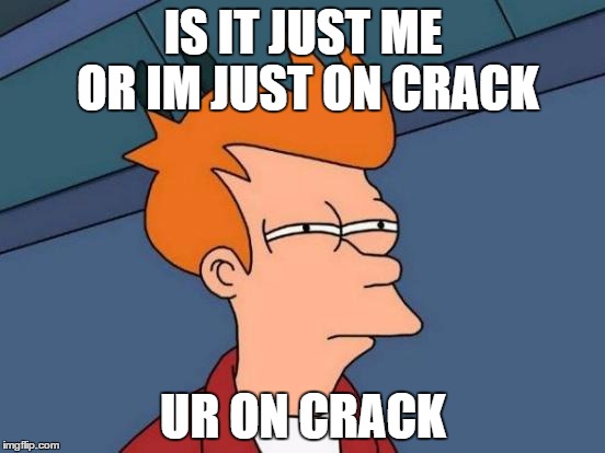 Futurama Fry Meme | IS IT JUST ME OR IM JUST ON CRACK; UR ON CRACK | image tagged in memes,futurama fry | made w/ Imgflip meme maker