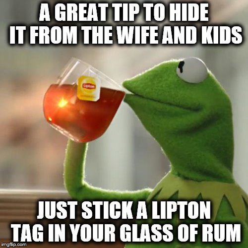 But That's None Of My Business Meme | A GREAT TIP TO HIDE IT FROM THE WIFE AND KIDS; JUST STICK A LIPTON TAG IN YOUR GLASS OF RUM | image tagged in memes,but thats none of my business,kermit the frog | made w/ Imgflip meme maker