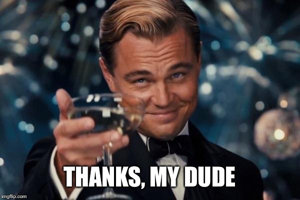 Leonardo Dicaprio Cheers Meme | THANKS, MY DUDE | image tagged in memes,leonardo dicaprio cheers | made w/ Imgflip meme maker