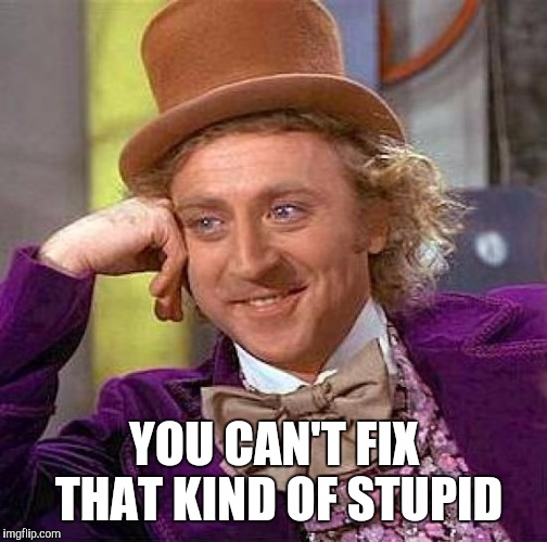 Creepy Condescending Wonka Meme | YOU CAN'T FIX THAT KIND OF STUPID | image tagged in memes,creepy condescending wonka | made w/ Imgflip meme maker