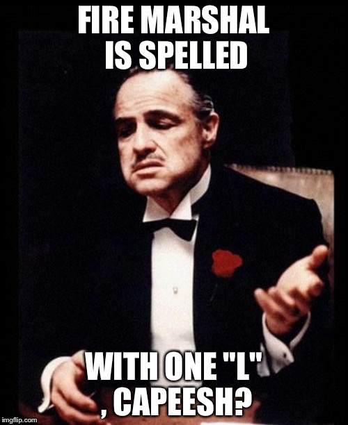 godfather | FIRE MARSHAL IS SPELLED; WITH ONE "L" , CAPEESH? | image tagged in godfather | made w/ Imgflip meme maker