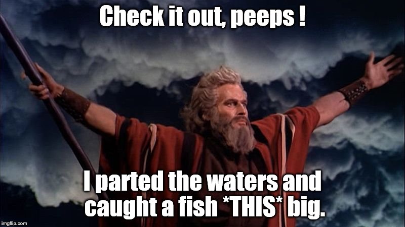 Fishy story | Check it out, peeps ! I parted the waters and caught a fish *THIS* big. | image tagged in ten commandments | made w/ Imgflip meme maker