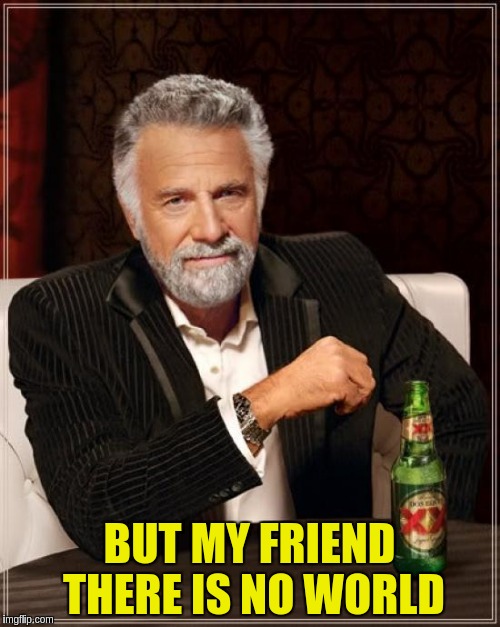 The Most Interesting Man In The World Meme | BUT MY FRIEND THERE IS NO WORLD | image tagged in memes,the most interesting man in the world | made w/ Imgflip meme maker