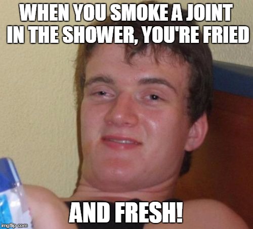 10 Guy Meme | WHEN YOU SMOKE A JOINT IN THE SHOWER, YOU'RE FRIED AND FRESH! | image tagged in memes,10 guy | made w/ Imgflip meme maker